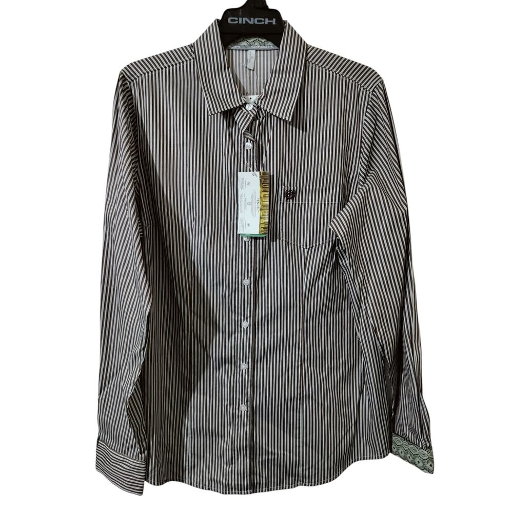 5686) Cinch Women XL Long Sleeve Tencel Striped Button Up Western Shirt - Picture 2 of 8